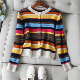 多巴胺甜蜜心情~减龄彩虹拼色圆领显瘦长袖羊毛针织开衫毛衣女春