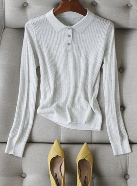 无形减龄~点子纱敲细扭花弹性显瘦POLO领半开襟长袖针织衫上衣女