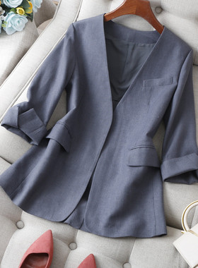 菁英气质~高及灰色V领无扣七分袖修身显瘦透气含亚麻西装外套女25