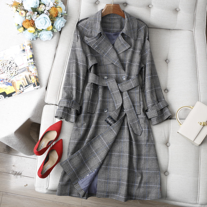 千鸟格纹双排扣系腰带长风衣外套