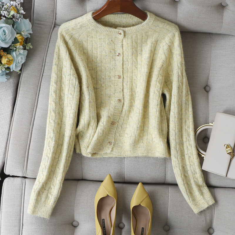 复古手打风~织入亮片绞花小金扣圆领长袖小直筒显瘦针织开衫女秋,女装/女士精品,毛针织衫,淘宝优惠券,粉丝福利购,淘宝优惠卷