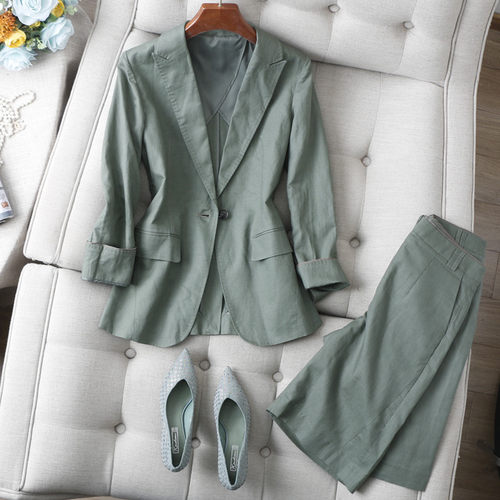 初秋大爱~织带镶边驳领修身篙端棉麻西装外套+五分阔腿短裤套装女