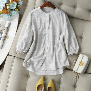 女25春夏 休闲宽松显瘦全棉衬衫 慵懒复古调性 色织格纹立领七分袖