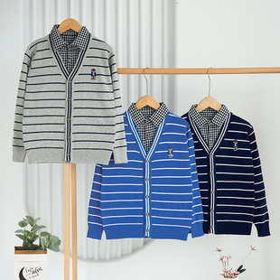 儿童毛衣开衫秋冬男童翻领假两件套加绒加厚针织衫中大童纯棉外套