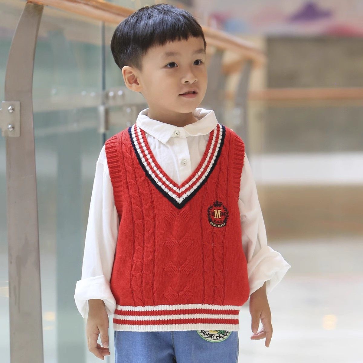 儿童马甲春秋毛衣男童针织衫背心女童校服表演纯棉中大童背心线衫