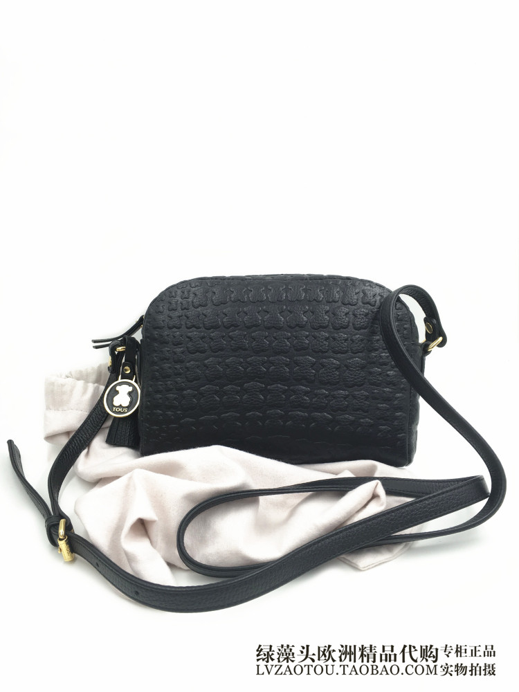 西班牙正品tous桃丝小熊流苏压纹黑色牛皮单肩斜跨女包495900115