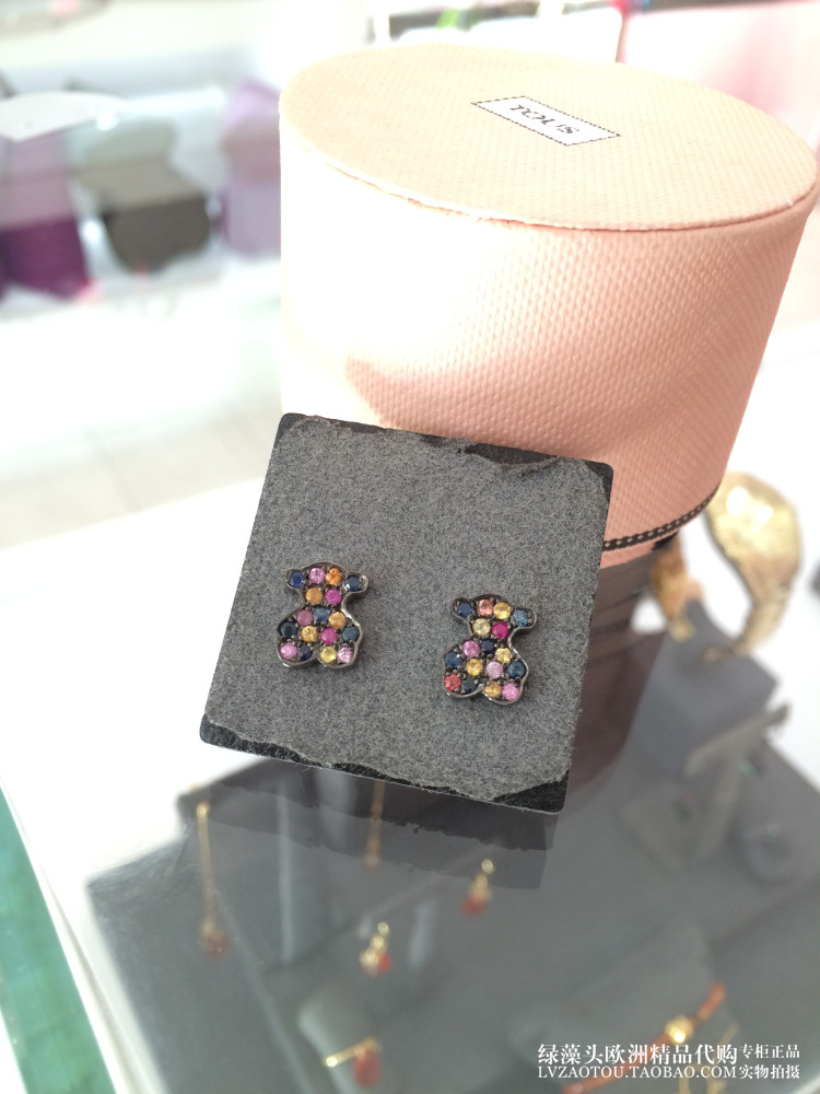 欧洲轻奢tous桃丝熊精致迷你彩色宝石925纯银耳钉女 简约耳环小巧