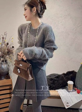 欧洲站2026春季新款圆领露手指套袖羊毛针织短袖毛衣两件套85231