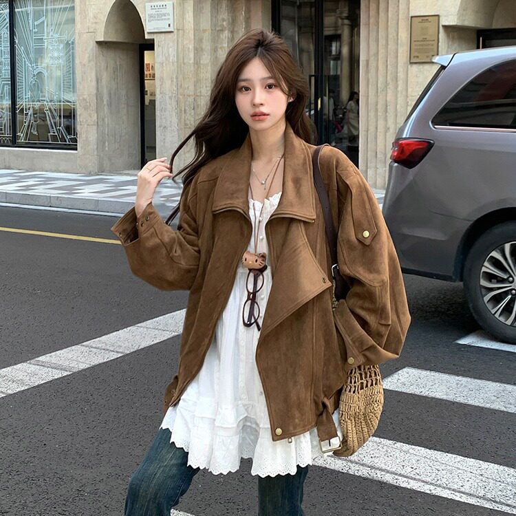 麂皮绒机车外套秋季复古美拉德休闲宽松慵懒翻领廓形感夹克女