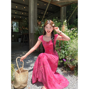 Acaine玫红蓝色奥法庄园扎染印花刺绣小飞袖吊带夏季法式气质裙子