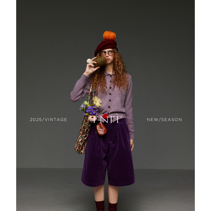 TNIT复古三色灯芯绒阔腿五分裤女秋季宽松高腰设计感直筒休闲短裤