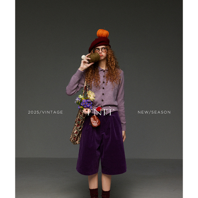 TNIT复古三色灯芯绒阔腿五分裤女秋季宽松高腰设计感直筒休闲短裤