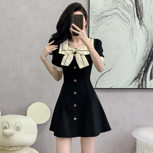 实拍大码女生法式蝴蝶结显瘦连衣裙女小众设计感胖mm梨型身材裙子