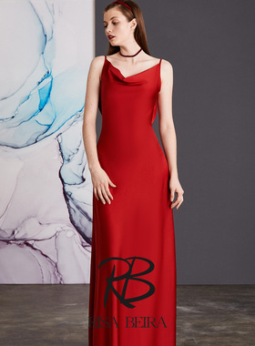 RISA设计师原创《迁尘》红色高端简约软丝缎面吊带露背长款晚礼服