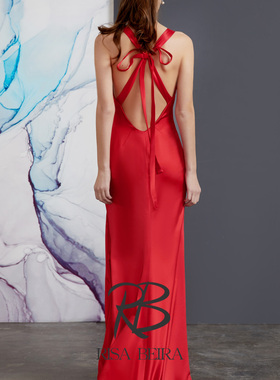 RISA原创高端定制《丝妤》2023设计师新品红色缎面丝带露背晚礼服