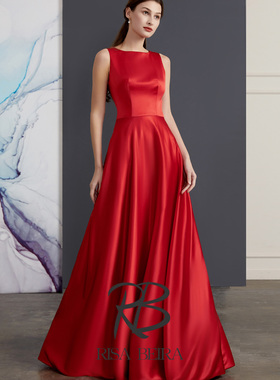 RISA原创高端定制《遥寄》2023简约大气红色缎面无袖敬酒长晚礼服