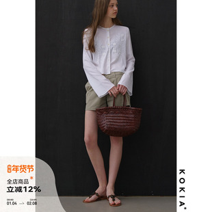 KOKIA现货 重工米粒植物绣花 雨露亚麻混纺 微喇短款衬衫