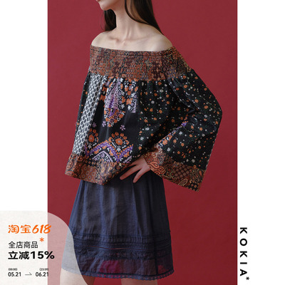 KOKIA现货vintage定位印花拼接建筑感大摆一字肩打缆工艺复古上衣