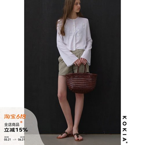 KOKIA亚麻混纺米粒绣花微喇衫