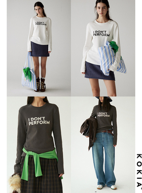 KOKIA现货 I DON'T PERFORM半拔印做旧字母印圆领落肩长袖打底T恤