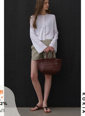 KOKIA现货 重工米粒植物绣花 雨露亚麻混纺 微喇短款衬衫