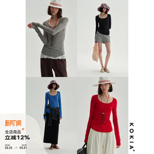 KOKIA现货五色进口超细羊毛紧身tee纸片人挖领修身柔肤长袖打底衫