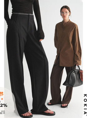 KOKIA现货 澳洲美利诺精纺羊毛格纹拼接腰头利落腿型打褶直筒西裤