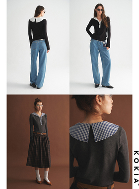 KOKIA现货 羊绒蛋白 复古撞色拼接海军领 零压感修身长袖针织上衣