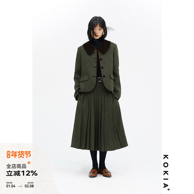 KOKIA丝绒领羊毛人字呢箱形外套