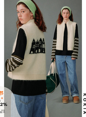 KOKIA现货 Pigens hus提花臻品亲肤马海毛轻暖立领针织开衫马甲