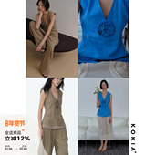 KOKIA现货 两色 显瘦剪裁背心 亚麻手工盘花v领收腰 镂空蕾丝织带