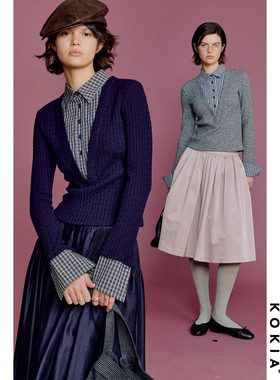 KOKIA现货 知识分子假两件复古绞花毛衣 深V衬衫领短款针织上衣
