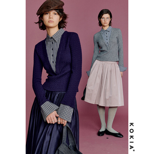 KOKIA现货 知识分子假两件复古绞花毛衣 深V衬衫领短款针织上衣