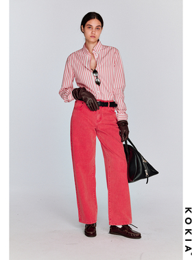 KOKIA现货 王牌版型玫粉 复古炒砂竹节牛仔 中腰显瘦微锥直腿神裤