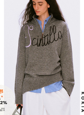 KOKIA现货 澳洲羊毛 Scintilla立体万针刺绣亨利领半拉链套头毛衣