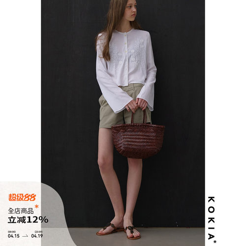 KOKIA亚麻混纺米粒绣花微喇衫