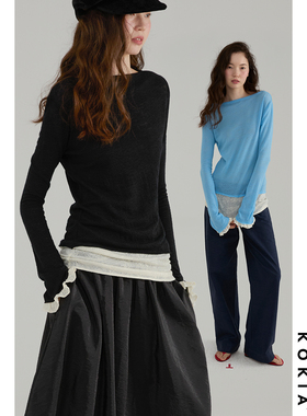 KOKIA现货 明星同款羊毛乱花肌理paisley提花一字领假两件微喇长t