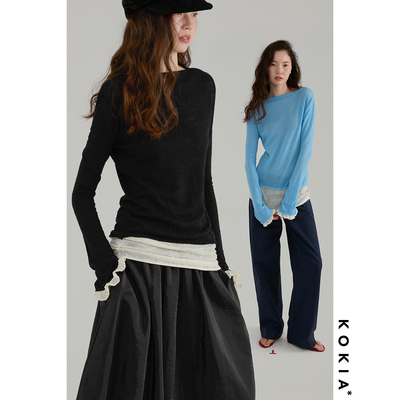 KOKIA羊毛一字领假两件微喇T恤