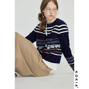 羊毛复古麻花条纹提花毛衣外套针织开衫 style ivy KOKIA现货