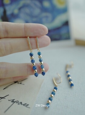 原创手作 蓝色天然石微镶耳环无耳洞福音蚊香盘耳夹锆石切面水晶