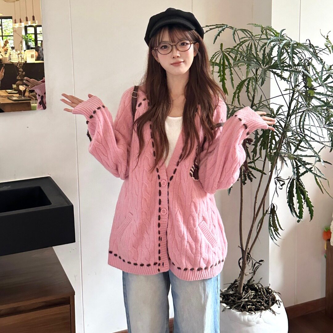 付辛博同款ANDREA MARTIN秋冬趣味手工钩织毛衣开衫女V领针织外套