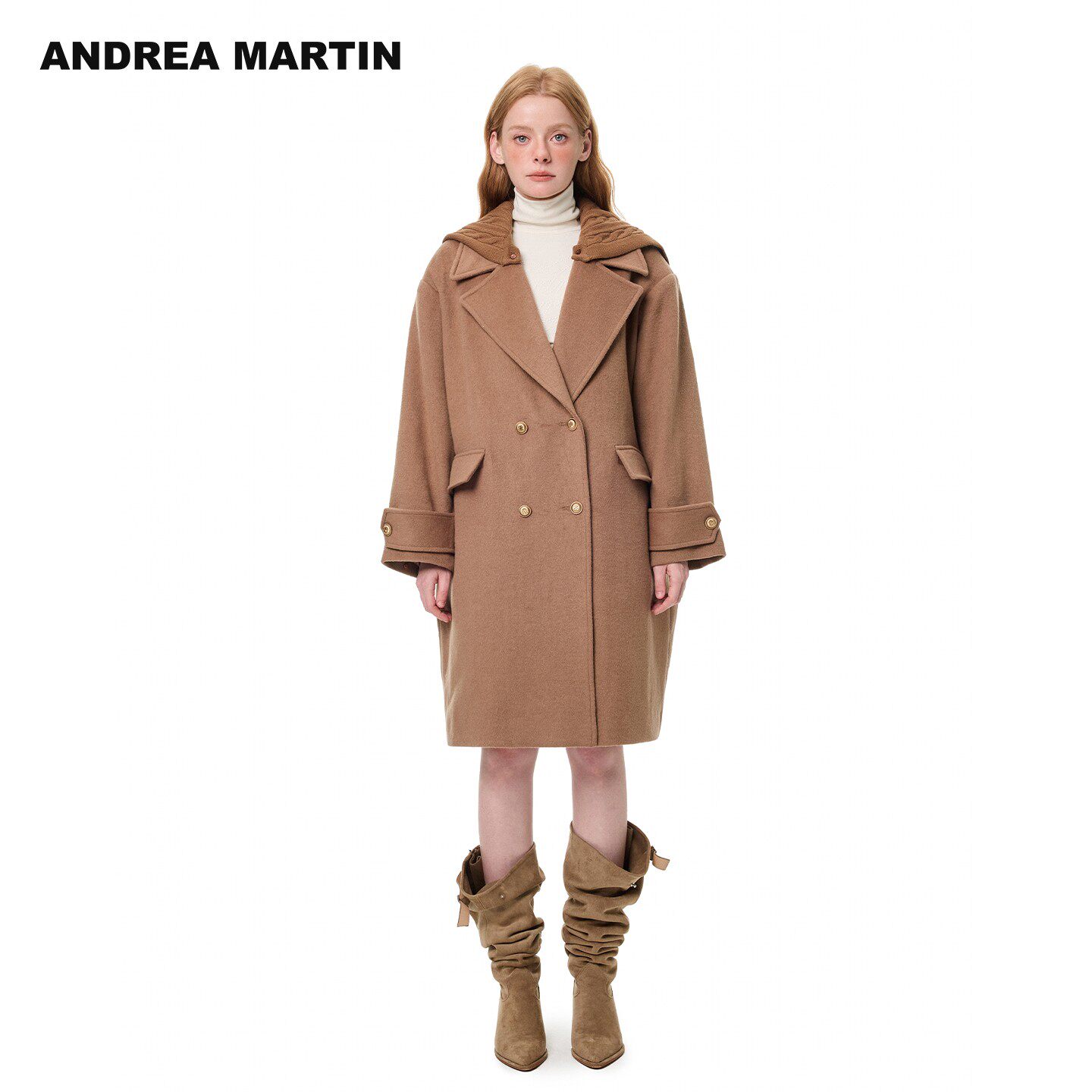 ANDREA MARTIN2025秋冬新款双排扣中长针织披肩毛呢大衣女外套