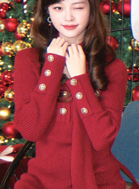 【钟雯冠同款】EIMISMOSOL 2025秋冬新款针织女V领修身收腰连衣裙