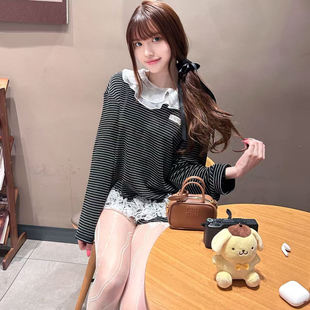 Eimismosol 2025秋季新款黑白条纹花边领长袖T恤针织短裤休闲套装