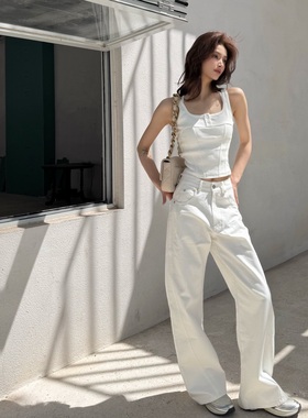 AIM SH 女士 白色夹标牛仔裤廓型宽松休闲长裤