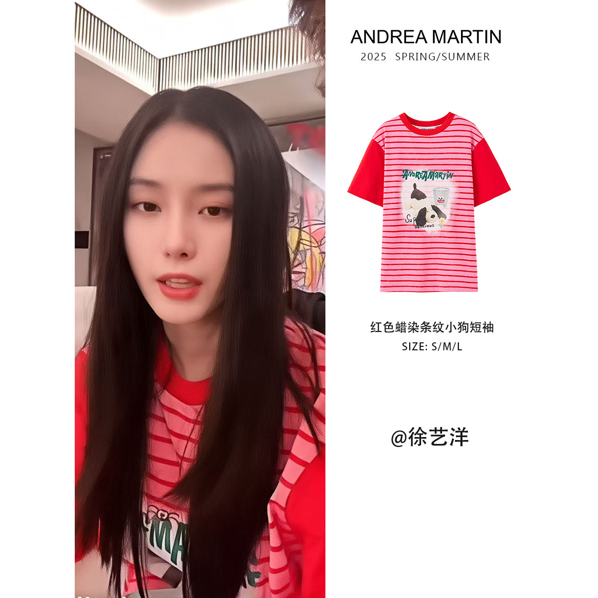 徐艺洋同款ANDREA MARTIN 2025夏季新款条纹短袖T恤女拼接上衣