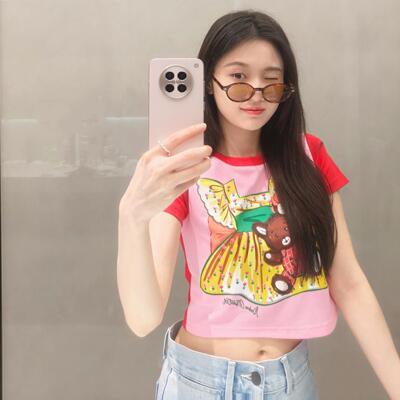 张慧雯同款Andrea Martin夏季新款短袖T恤女圆领漫画时尚印花上衣