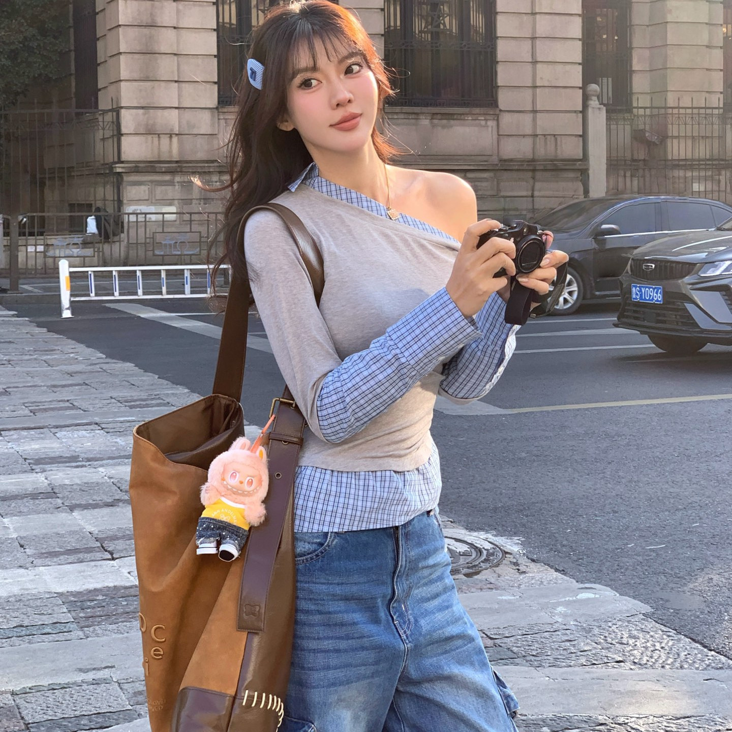 AIM SH 女士 蓝格斜领衬衫拼接灰色混纺长袖上衣