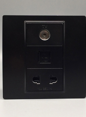 黑色86型电视电脑插座 二孔10A电源插座+六类千兆网口+电视TV面板