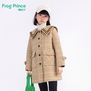 青蛙王子童装女童冬季中长款外套儿童冬装女孩时尚千鸟格大衣
